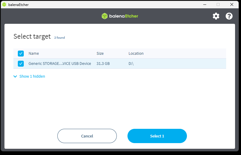 Balena Etcher Target Selection
